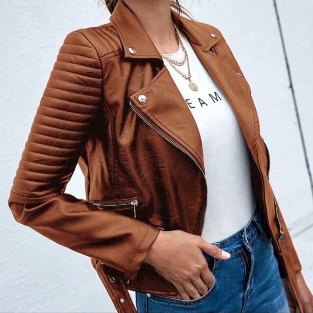 Camel vegan leather zipper biker moto motorcycle jacket - Picture 3 of 5